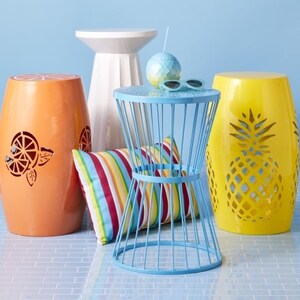 Summer stools in Orange, white, blue and yellow